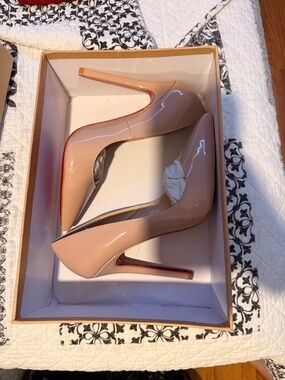 Christian Louboutin Kate 100 Nude Patent Leather Pumps, Size 37
